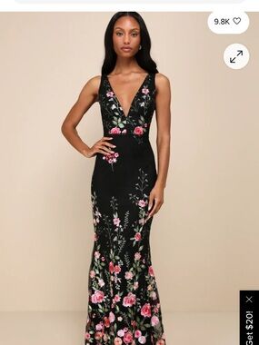 Lulu's Black Maxi Dress with Pink & Green Floral Embroidery